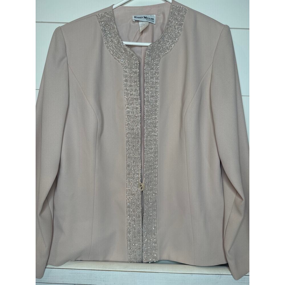 Karen Miller New York Pale Pink Beaded Formal Blazer Size 14 Open Front Hook/Eye